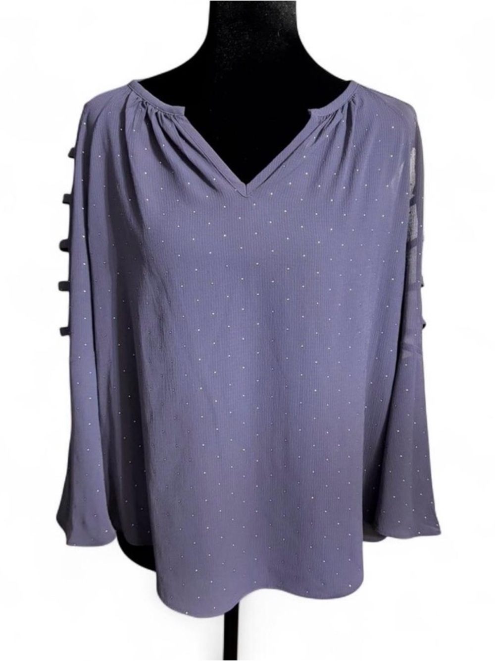 Jennifer Lopez Blue Rhinestone Blouse Cutout Sleeve Size Small Flowy - Picture 2 of 6